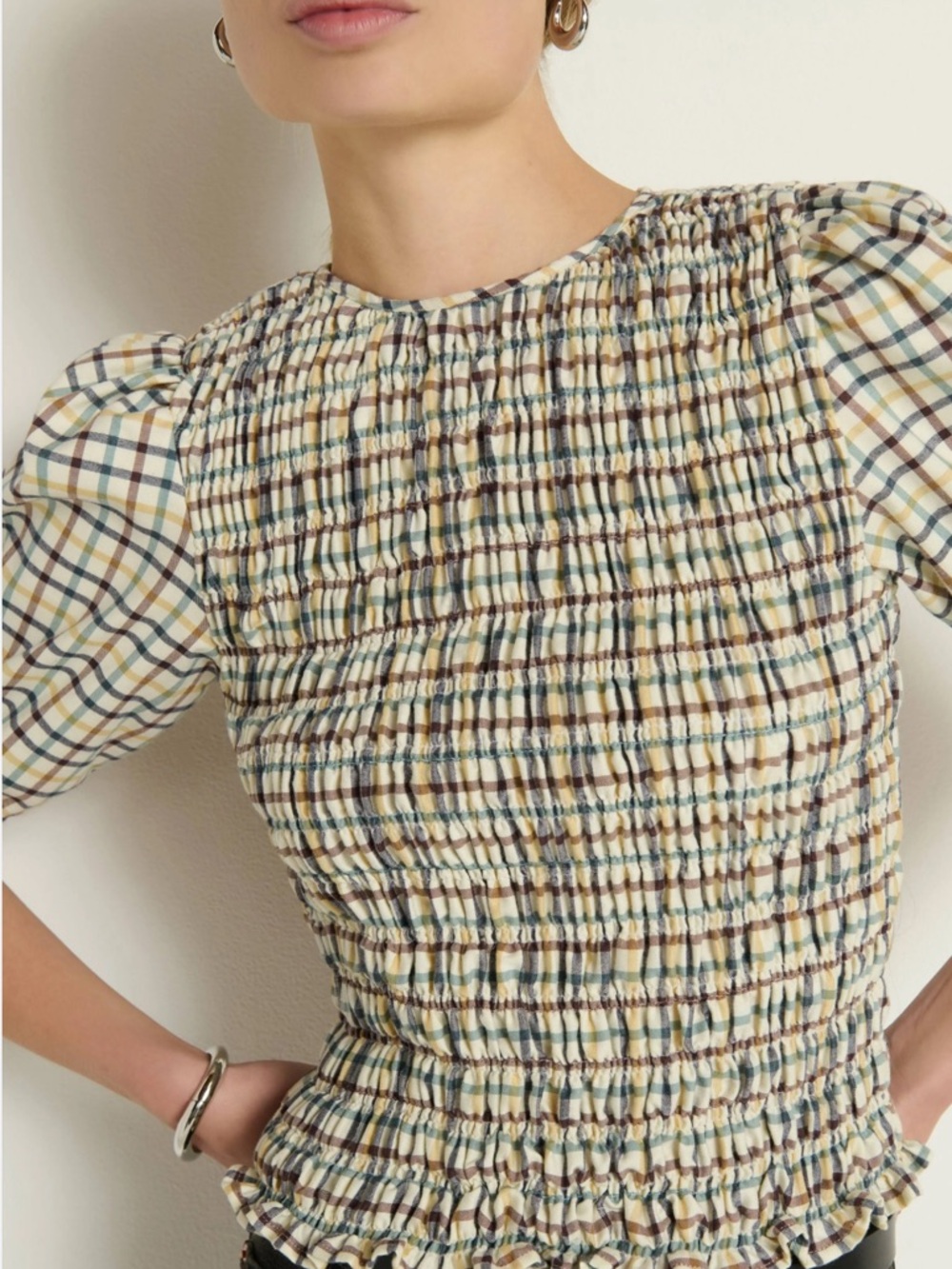 Smocked Plaid Puff-Sleeve Top - Cream Multi